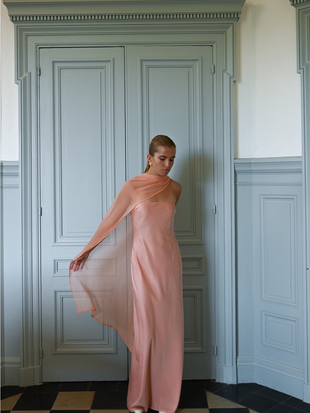 Strapless Peach Evening Gown with Draped Scarf - Picture 4 of 4